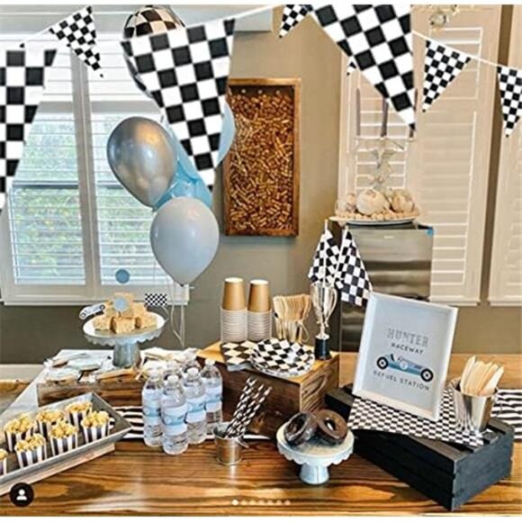 Piokio 100ft Black and White Checkered Flag Banner Racing Birthday Decorations, - Picture 6 of 8